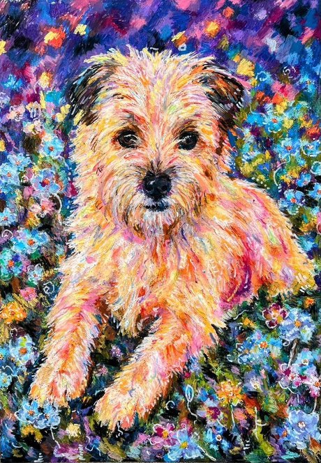 Bella, a beige dog with dark ears, surrounded by wildflowers in oil pastel and paint pen