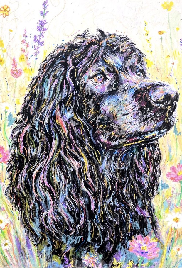 Buddy, a black spaniel worked in blue, lilac and gold pastel against a pale green ground scattered with lavender