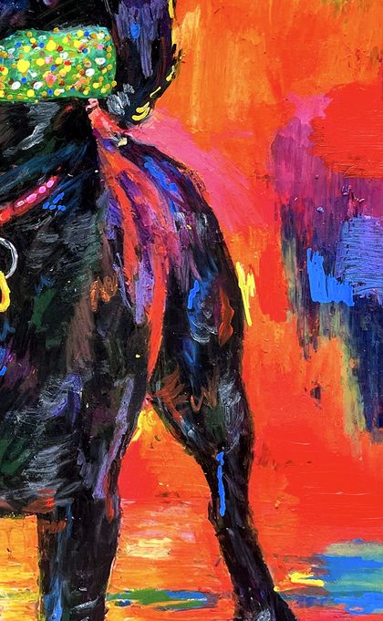 Cassie up close, black coat carrying red, blue and yellow strokes
