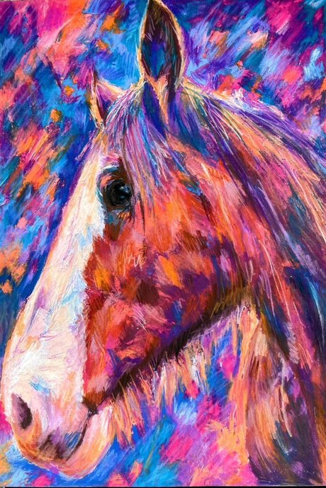 Clyde, a horse in profile drawn in coloured pencil over blue and violet