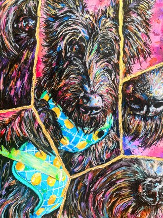 Daphne up close, gold seams running between panels of black coat and a lemon patterned harness