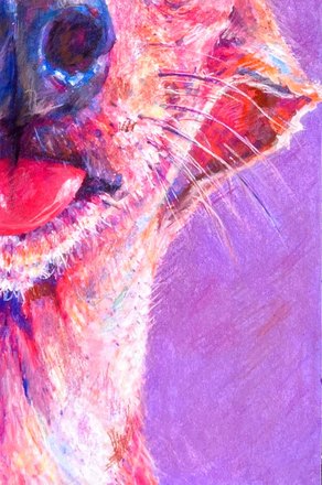 Luna up close, the edge of her jaw dissolving into flat purple ground
