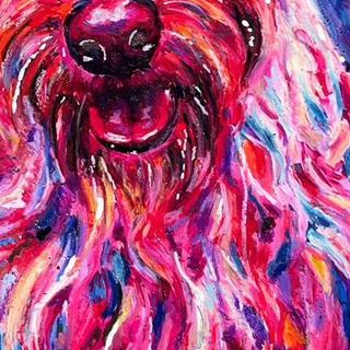 Gilbert up close, coral and hot pink pastel worked over a green ground