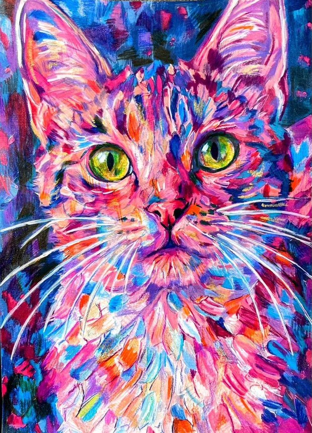 Squash the cat, green eyes and whiskers picked out over layered pink, magenta and blue