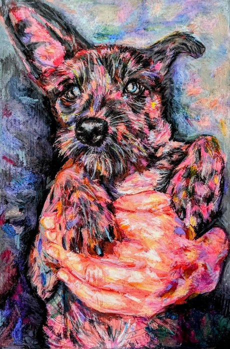 The finished portrait of Ted in coral, cream and violet mixed media